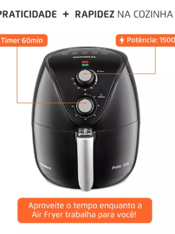 Fritadeira Sem Óleo Air Fryer 3,5L Mondial PretoInox 1500W AF-31